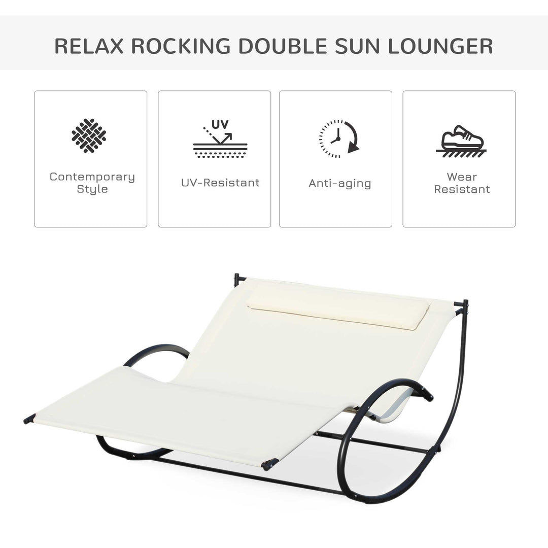 Double Sun Lounger, Rocking Lounger Sunbed Daybed with Armrest and Headrest Pillow, for Two, For Outdoor Patio Garden, Cream White