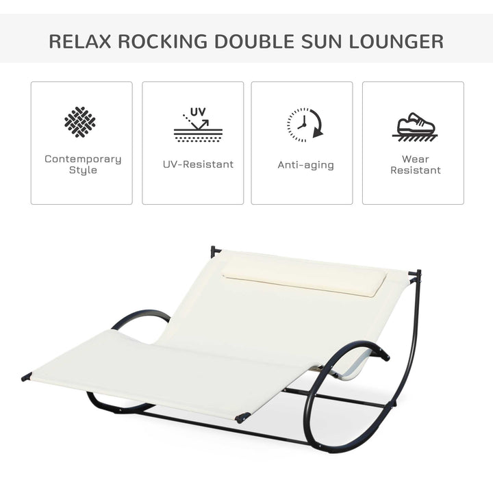 Double Sun Lounger, Rocking Lounger Sunbed Daybed with Armrest and Headrest Pillow, for Two, For Outdoor Patio Garden, Cream White