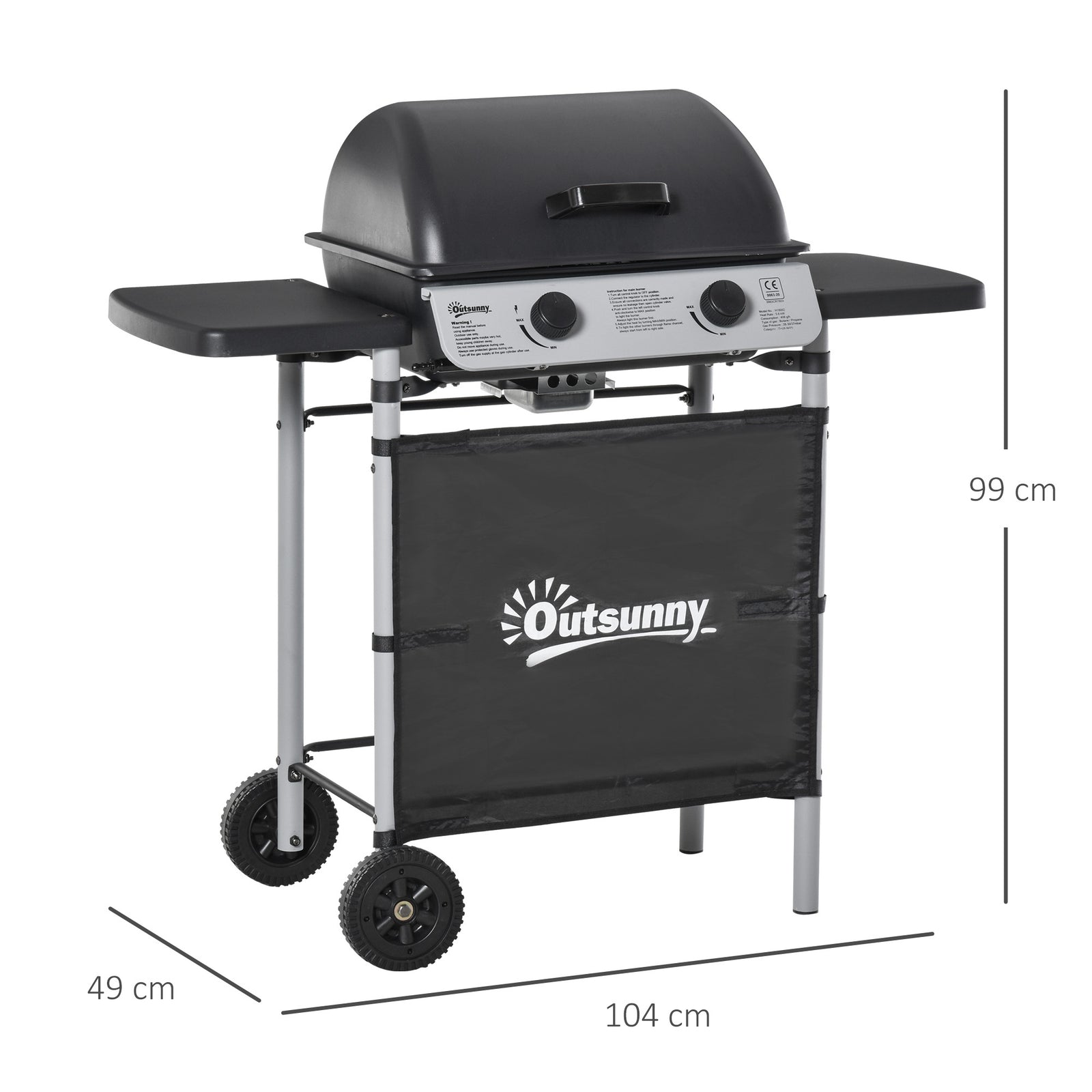 2 Burner Gas BBQ Trolley with Lid, 5.6 kW Gas Barbecue Grill with Whee