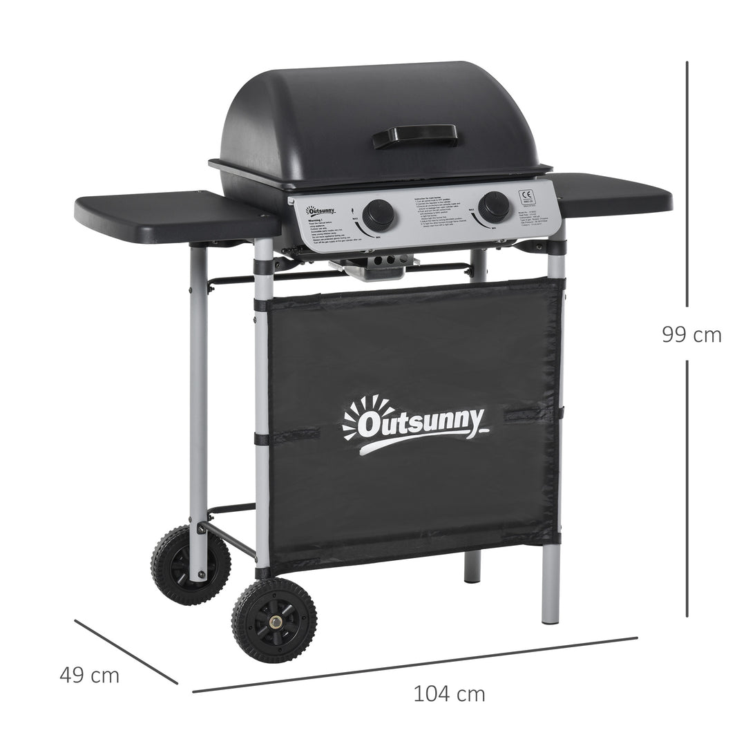 2 Burner Gas BBQ Trolley with Lid, 5.6 kW Gas Barbecue Grill with Wheels, Side Shelves, Black