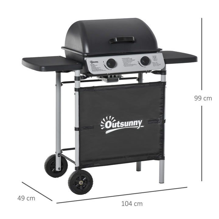 2 Burner Gas BBQ Trolley with Lid, 5.6 kW Gas Barbecue Grill with Wheels, Side Shelves, Black