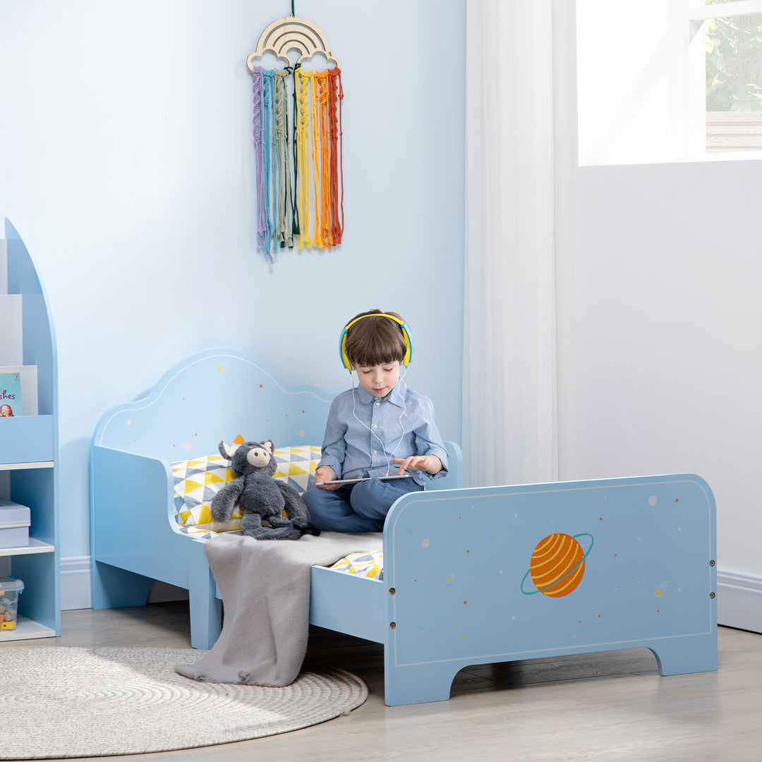 ZONEKIZ Toddler Bed with Rocket & Plants Patterns, Kids Bedroom Furniture, Safety Side Rails, Blue | Aosom UK