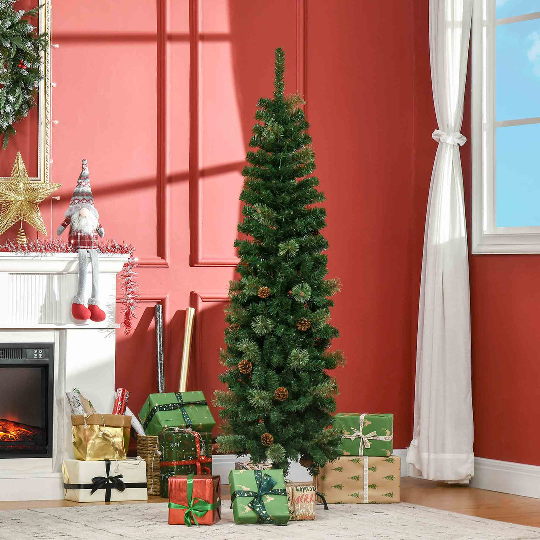 5.5FT Tall Pencil Slim Artificial Christmas Tree with Realistic Branches, Tip Count and Pine Cones, Pine Needles Tree, Xmas Decoration, Green