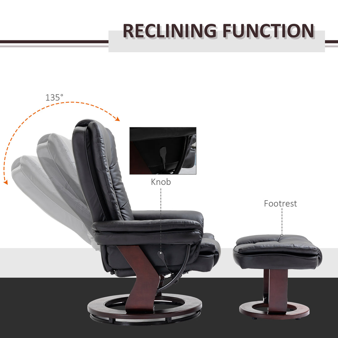 Recliner Chair With footstool, Recliner Armchair up to 130kg Weight Capacity, 135° Reclining Swivel Sofa Chair, PU Leather Ergonomic Couch Bed with Swivel Wood Base for Living Room, Black