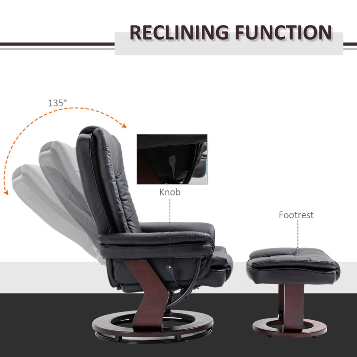 Recliner Chair With footstool, Recliner Armchair up to 130kg Weight Capacity, 135° Reclining Swivel Sofa Chair, PU Leather Ergonomic Couch Bed with Swivel Wood Base for Living Room, Black