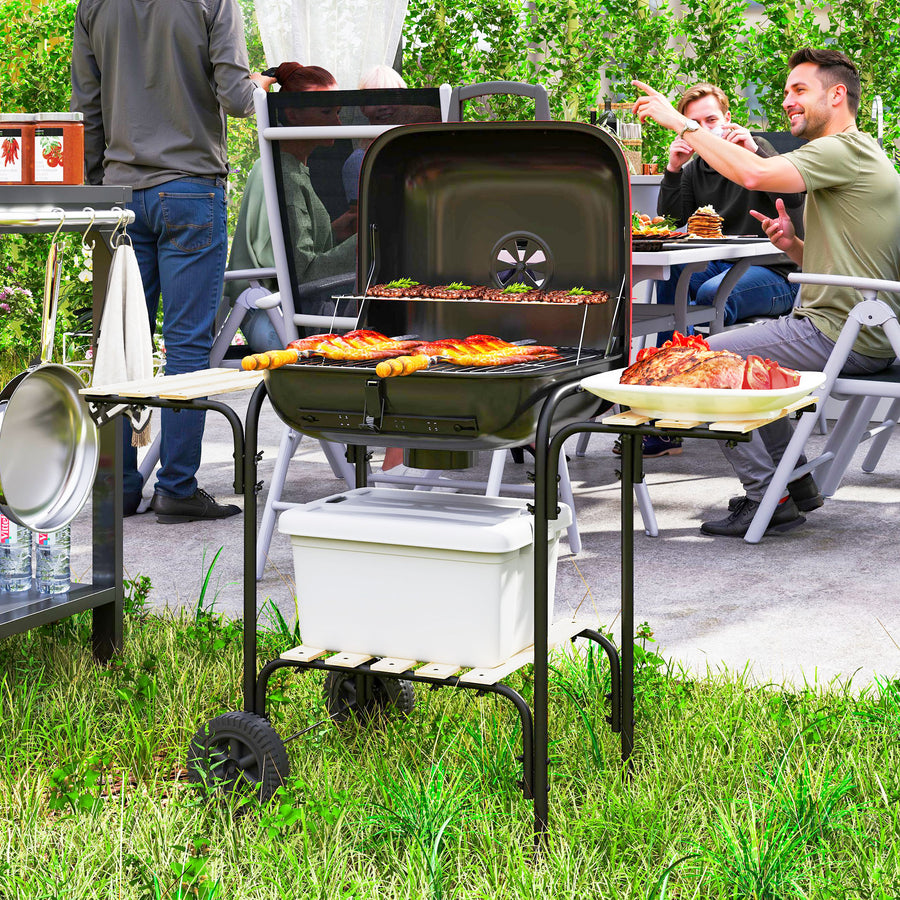 Charcoal Barbecue Grill Portable BBQ Grill with 1840 cm² Cooking Area, 3 Shelves, Adjustable Vent, Lockable Lid, Wheels for Outdoor Cooking, Garden Party, Red