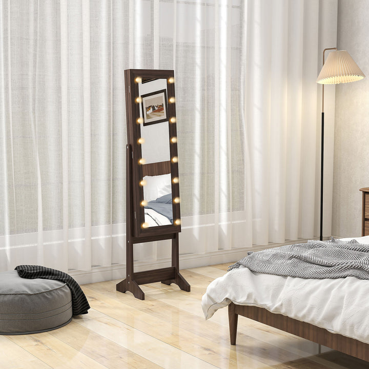 Freestanding Mirror Jewelry Cabinet with LED Lights, Jewellery Organiser with 3 Angle Adjustable, Full-Length Mirror with Storage for Earrings, Necklaces, Rings and Lipsticks, Dark Brown