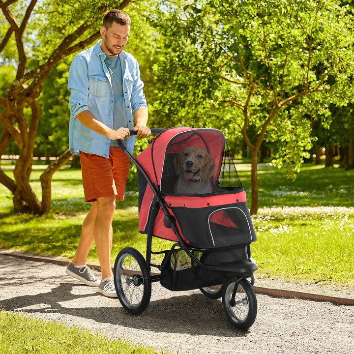 Foldable Pet Stroller with Three Wheels, for Small, Medium Dogs, Red