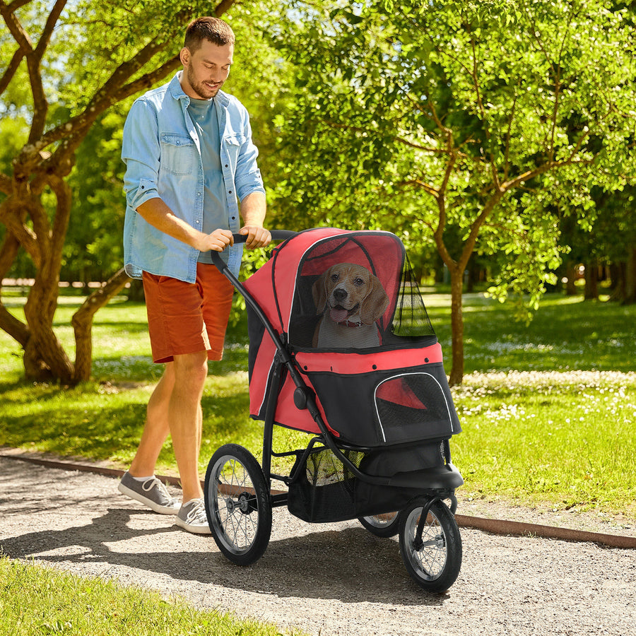 Foldable Pet Stroller with Three Wheels, for Small, Medium Dogs, Red