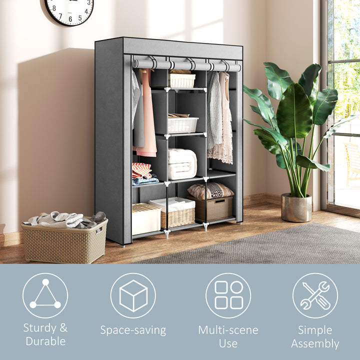Fabric Wardrobe, with Rails and Shelves - Light Grey