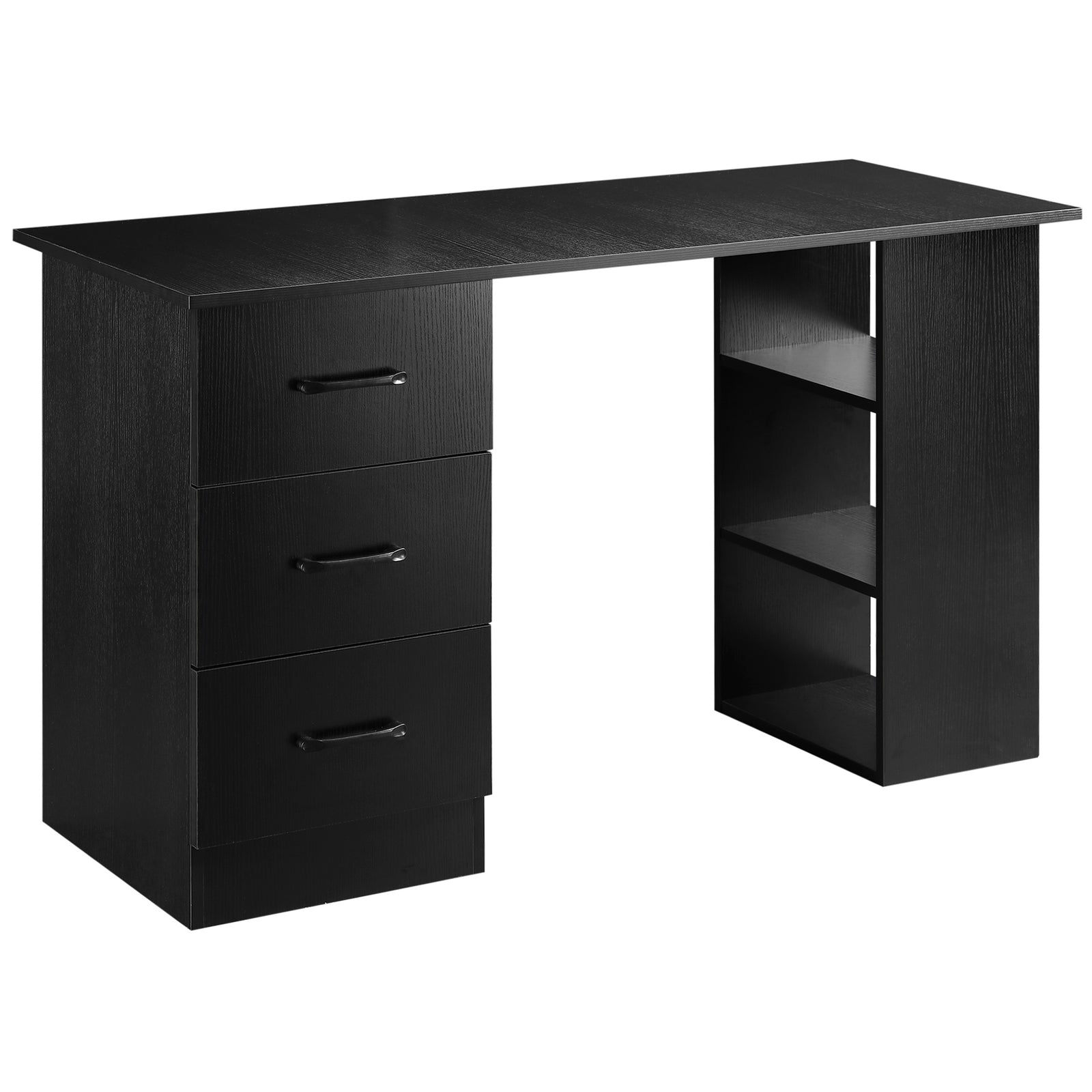 Computer Desk, Writing Table, PC Workstation with 3 Storage Shelves and Drawers, Black Handle, for Home Office, Black