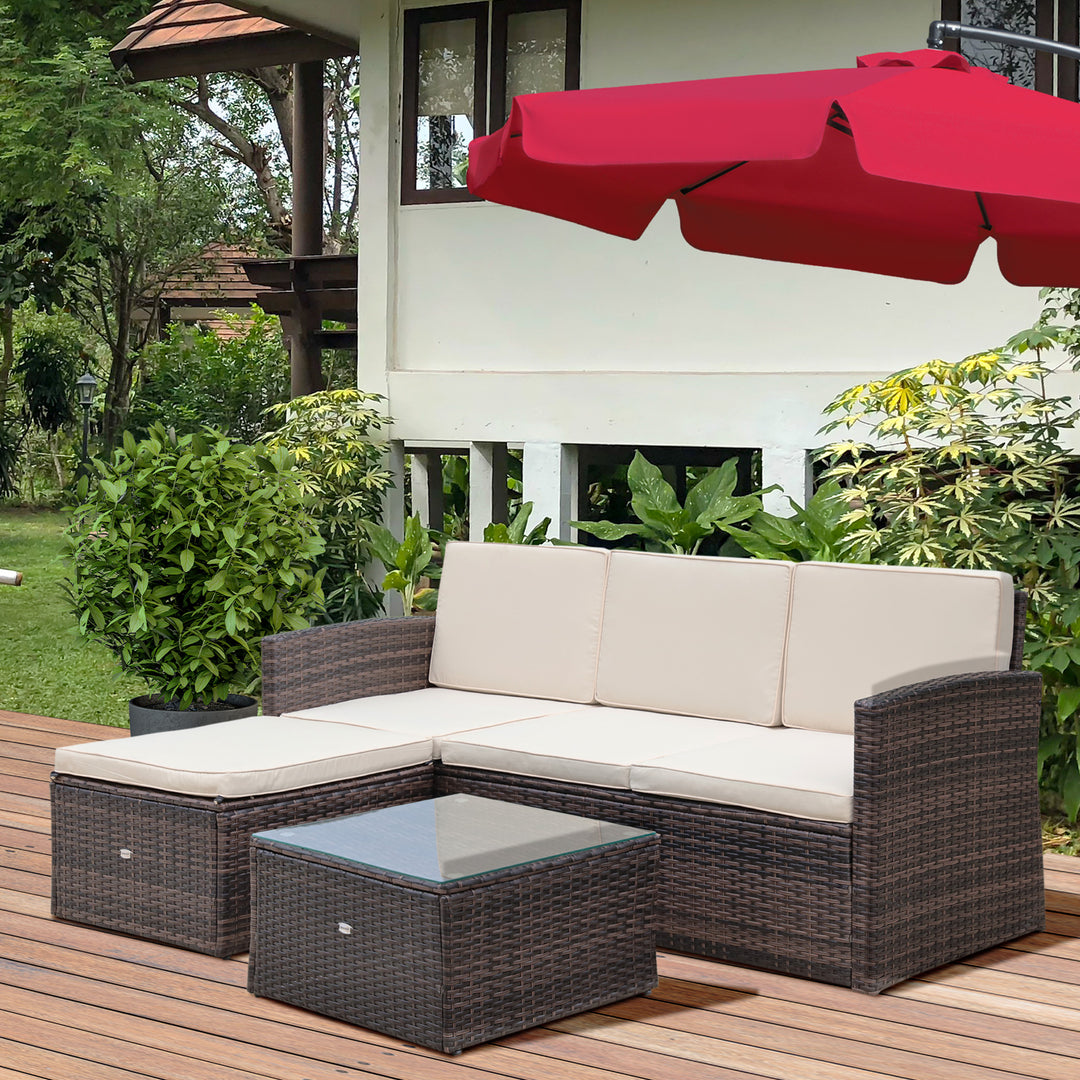 Outsunny Waterproof 4-Seater Rattan Garden Furniture Outdoor Patio Corner Sofa and Coffee Table Set Footstool w/ Thick Cushions, Brown | Aosom UK