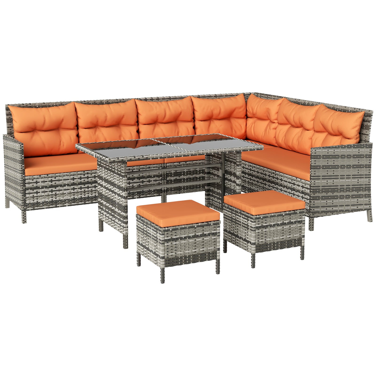 7-Seater Patio wicker Sofa Set Rattan Chair Furniture w/ Glass & Cushioned, Orange