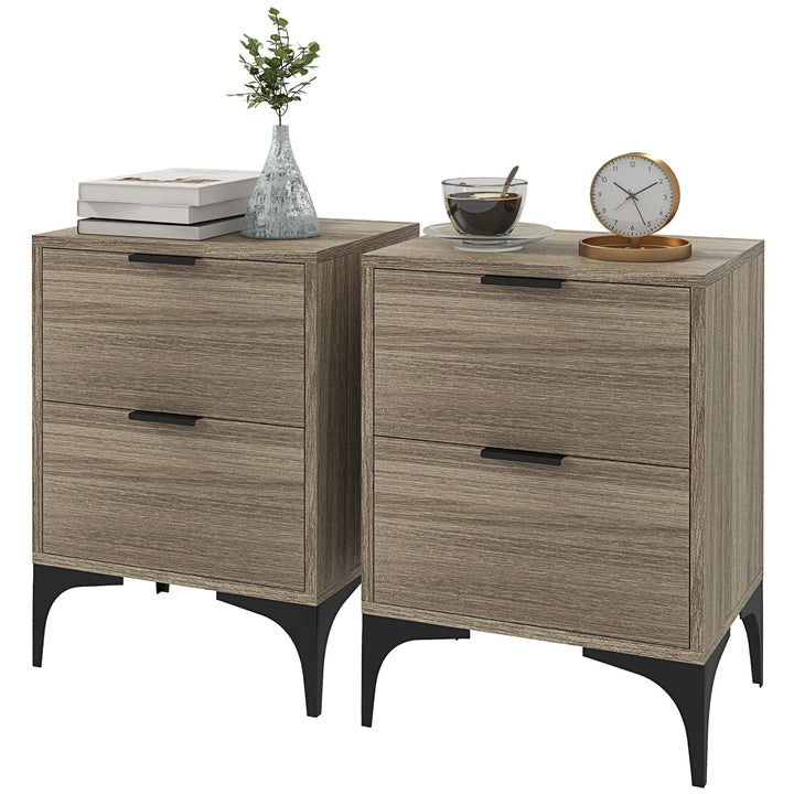 HOMCOM Bedside Tables Set of 2, Modern Nightstand w/ 2 Drawers, Small Sofa End Tables w/ Storage, Steel Legs for Bedroom, Living Room, Grey | Aosom UK