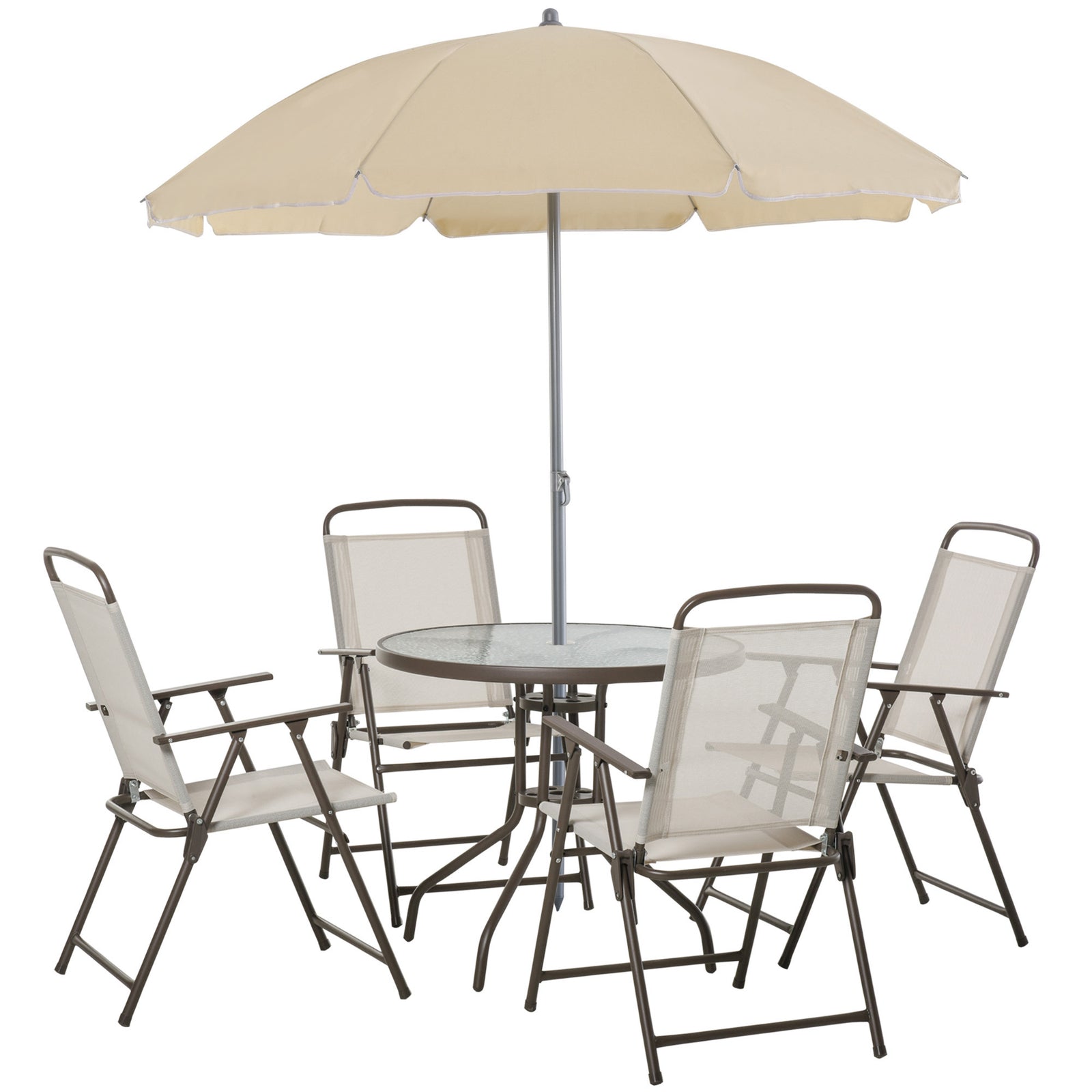 Garden Patio Texteline Folding Chairs Plus Table and Parasol Furniture Bistro Set 6 Pieces - Coffee/Cream