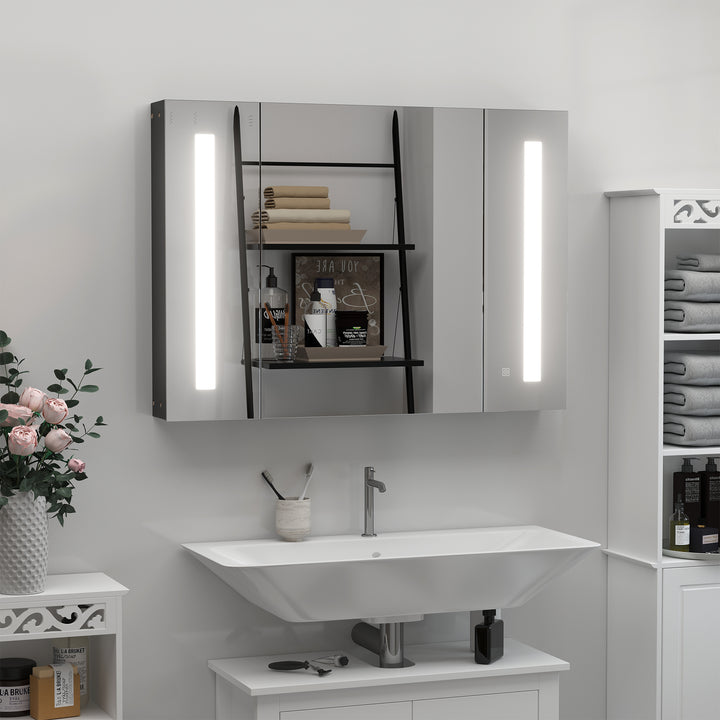 MCL LED Bathroom Cabinet with Mirror, Wall Mounted Dimmable Brightness Storage Organiser with 3 Mirrored Doors and Adjustable Shelves, Memory Function, USB Charge, High Gloss Black