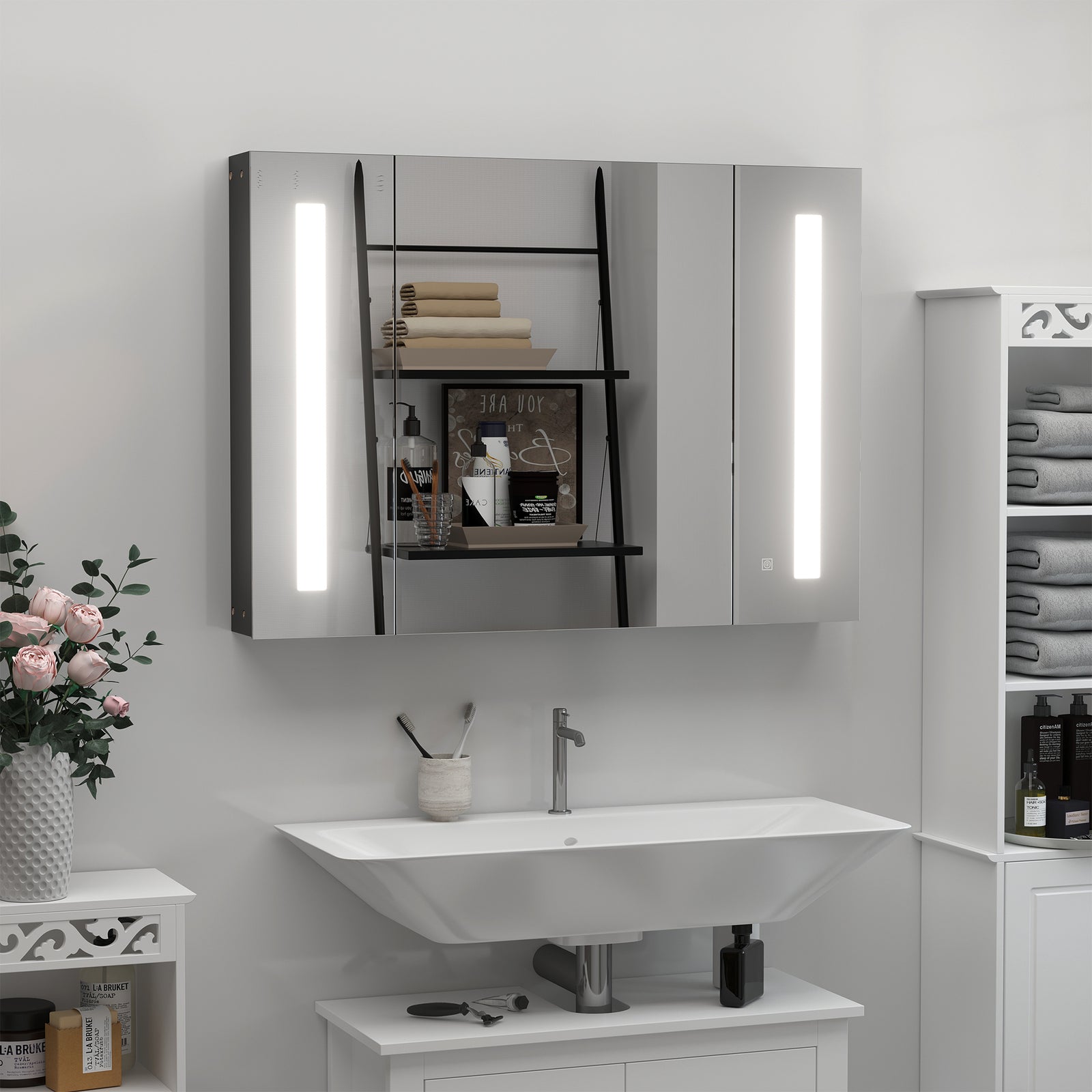 LED Bathroom Cabinet with Mirror, Wall Mounted Dimmable Brightness Storage Organiser with 3 Mirrored Doors and Adjustable Shelves, Memory Function, USB Charge, High Gloss Black