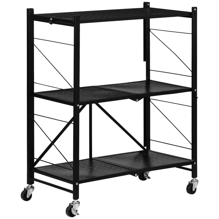 HOMCOM Wheeled Utility Trolley: Foldable 3-Tier Cart for Kitchen, Living Room & Bathroom Storage, Ebony Black | Aosom UK