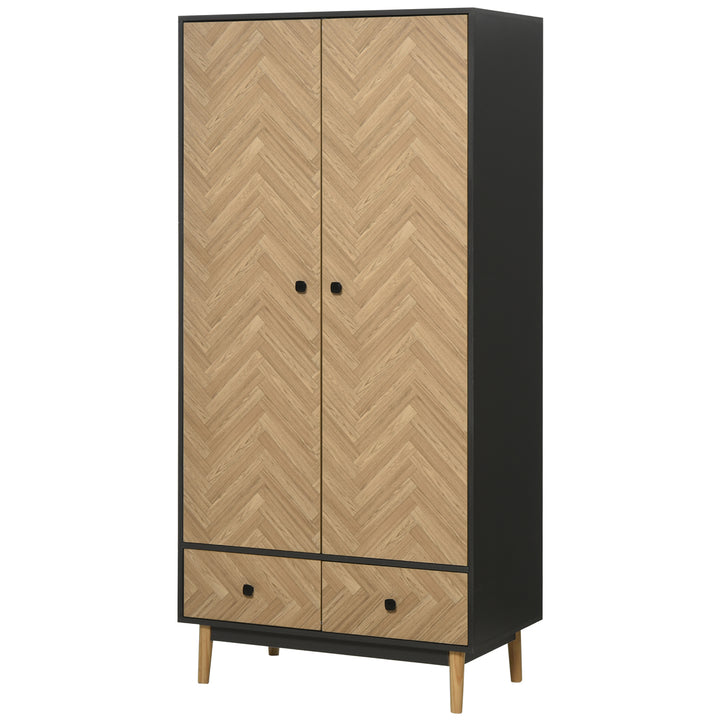 HOMCOM Modern Wardrobe Cabinet Wood Grain Sticker Surface with Shelf, Hanging Rod and 2 Drawers 90x50x190cm | Aosom UK