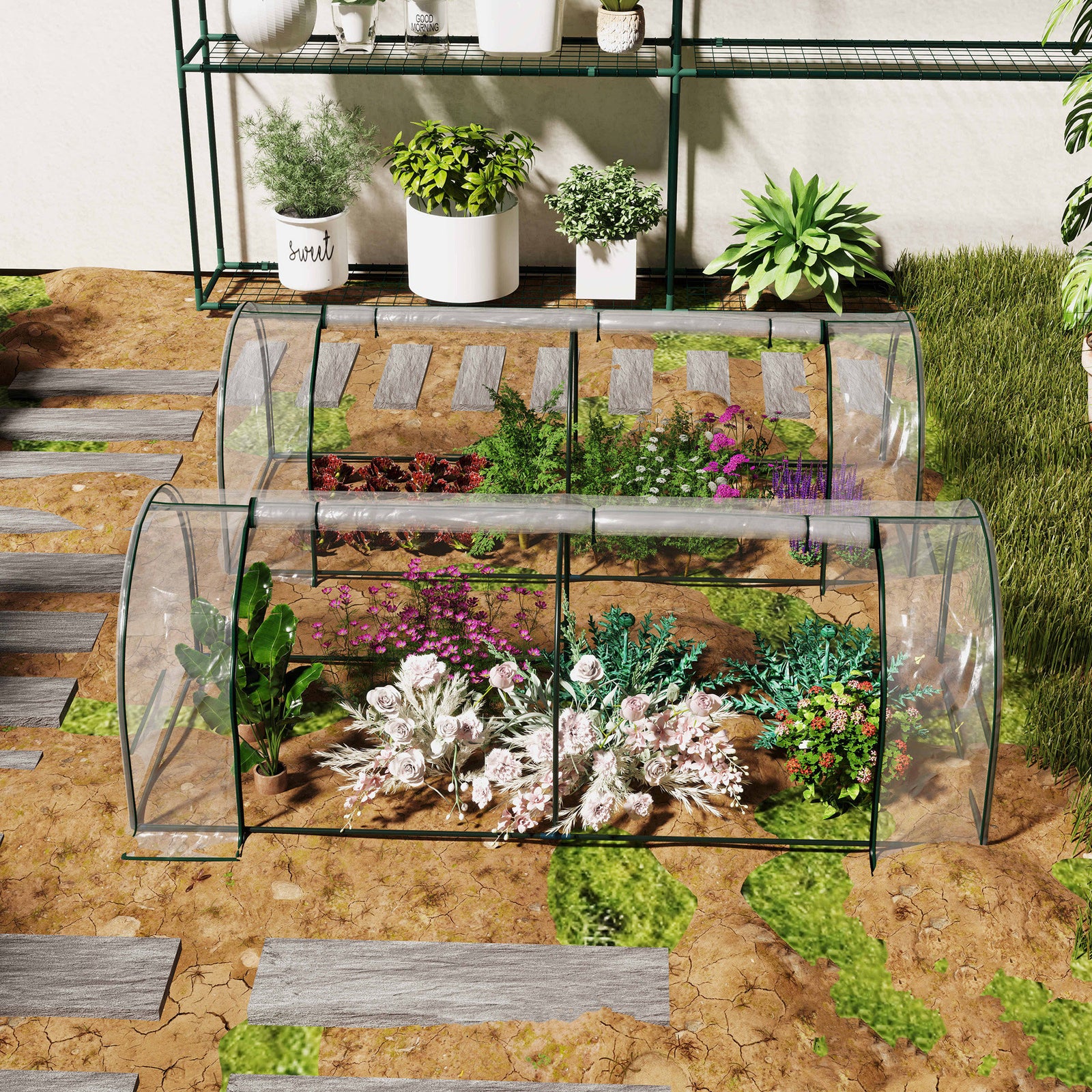 Set of 2 Tunnel Greenhouse, Green Grow House with Roll-up Door, Steel Frame, Plastic Cover for Garden, Outdoor, 250 x 100 x 80cm, Clear