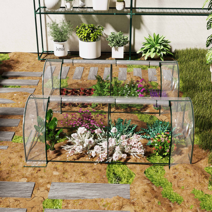 Set of 2 Tunnel Greenhouse, Green Grow House with Roll-up Door, Steel Frame, Plastic Cover for Garden, Outdoor, 250 x 100 x 80cm, Clear