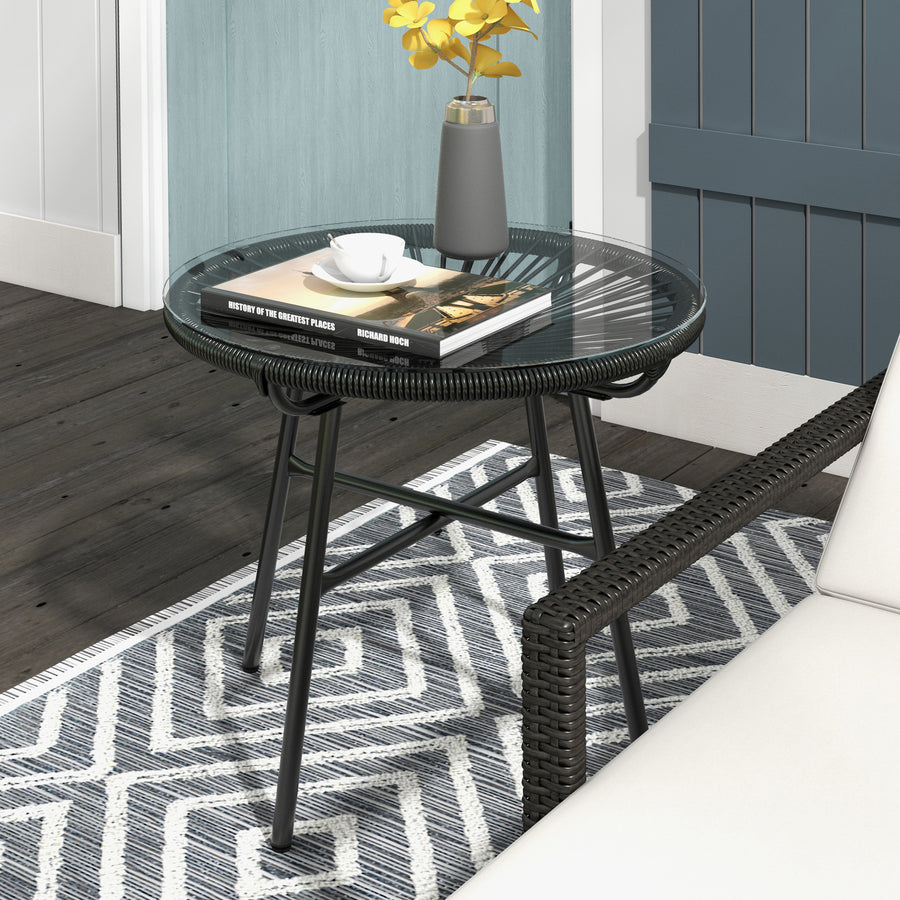 Rattan Side Table, Round Outdoor Coffee Table, with Round PE Rattan and Tempered Glass Tabletop for Patio, Garden, Balcony, Black