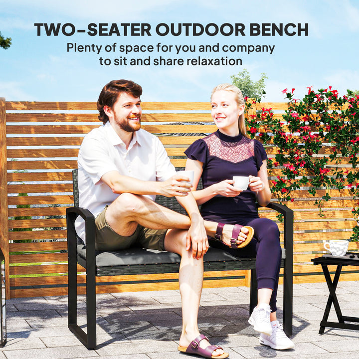 Two-Seater Rattan Garden Bench - Grey/Black