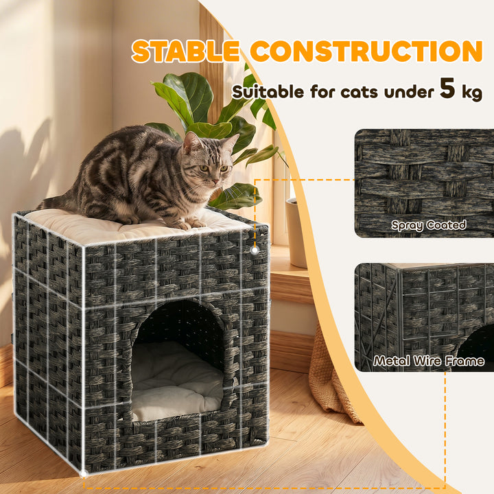 2-Tier Wicker Cat House, Handwoven Rattan Cat Bed with Washable Cushio
