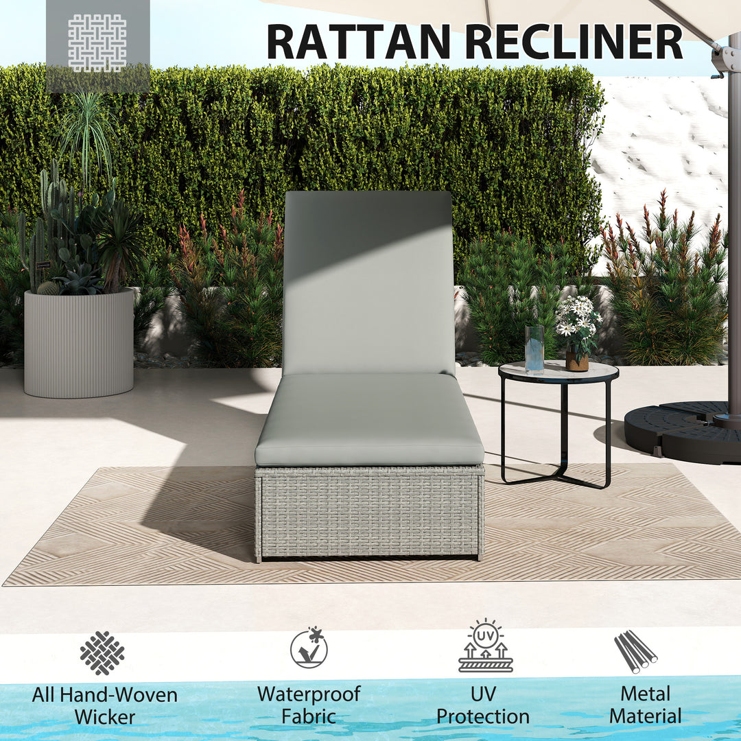 Rattan Sun Lounger, Five-Position Reclining Garden Lounger Bed with Cu
