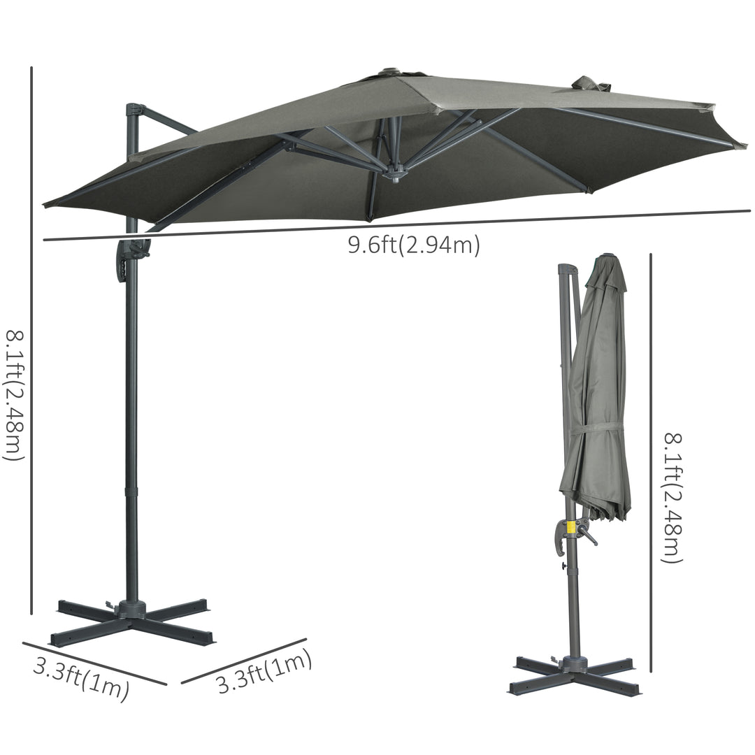 3 x 3(m) Cantilever Parasol with Cross Base, Garden Umbrella with 360° Rotation, Crank Handle and Tilt for Outdoor, Patio, Grey