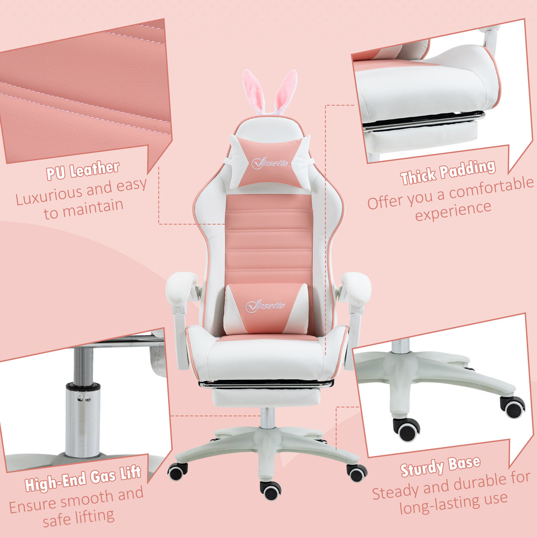 Racing Gaming Chair, Reclining PU Leather Computer Chair with Removable Rabbit Ears, Footrest, Headrest and Lumber Support, Pink