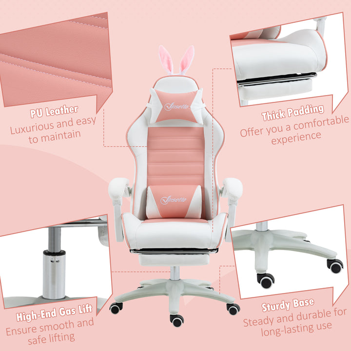 Racing Gaming Chair, Reclining PU Leather Computer Chair with Removable Rabbit Ears, Footrest, Headrest and Lumber Support, Pink