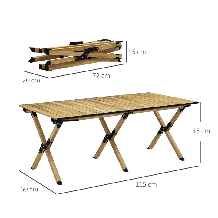 Portable Camping Table, 4ft Aluminium Folding Table with Roll-Up Top, Picnic Table for Indoor, Outdoor, Party, BBQ, Beach, Natural Wood Effect