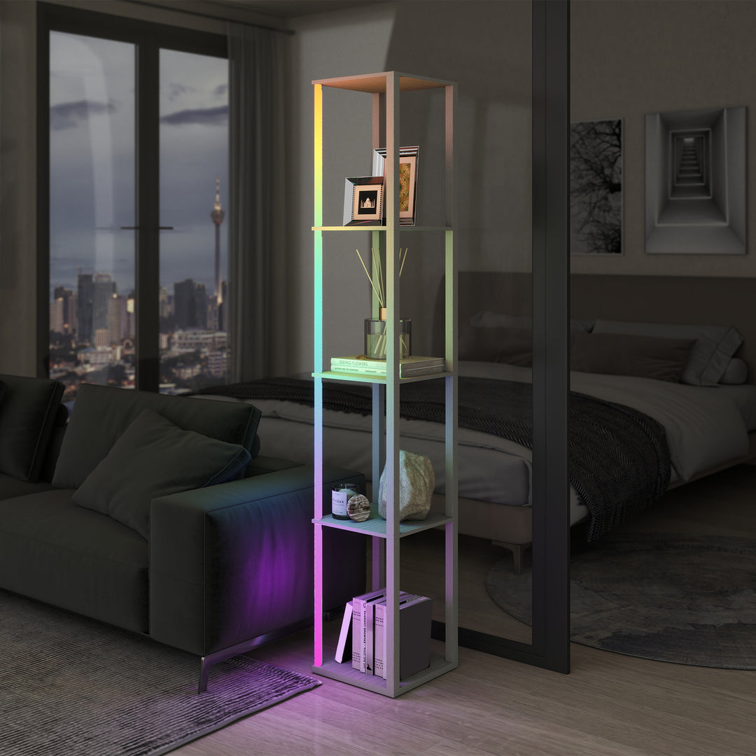 RGB LED Floor Lamp with Shelves, Modern Dimmable Standing Lamp with Remote Control, Adjustable Brightness & Speed for Living Room, Bedroom, Office, Oak
