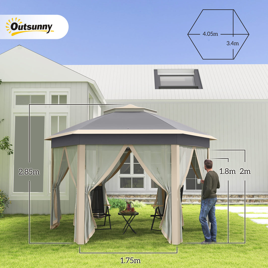Hexagon Pop Up Gazebo Outdoor Patio Gazebo Double Roof Instant Shelter with Netting, 3 x 4m, Khaki