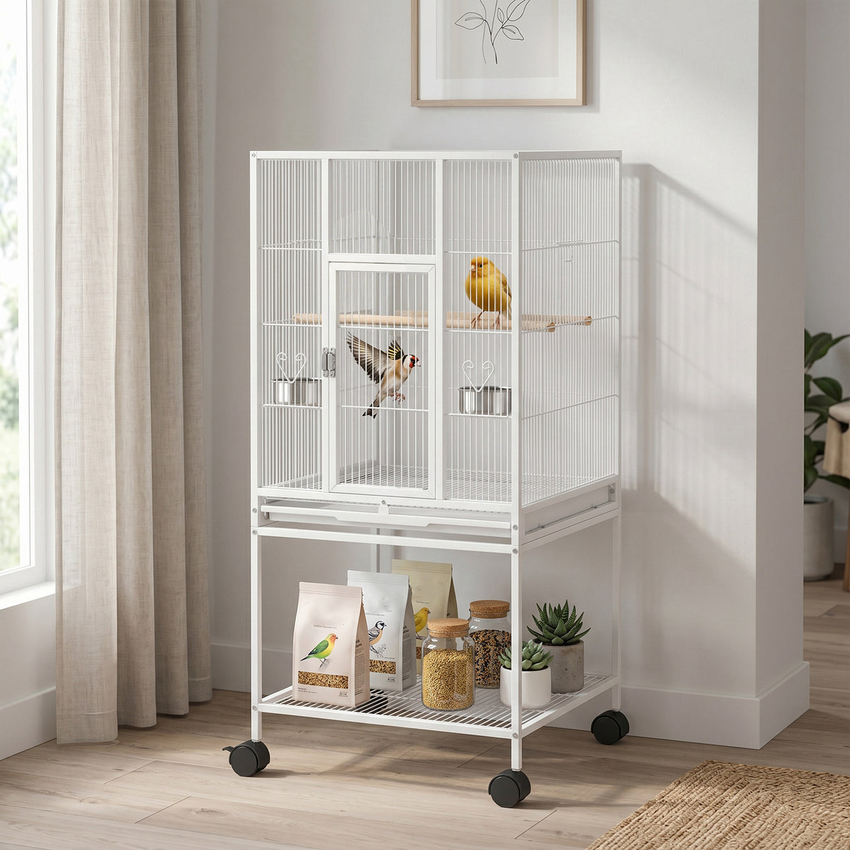 Bird Cage Detachable with Rolling Stand Parrot Cage with Storage Shelf