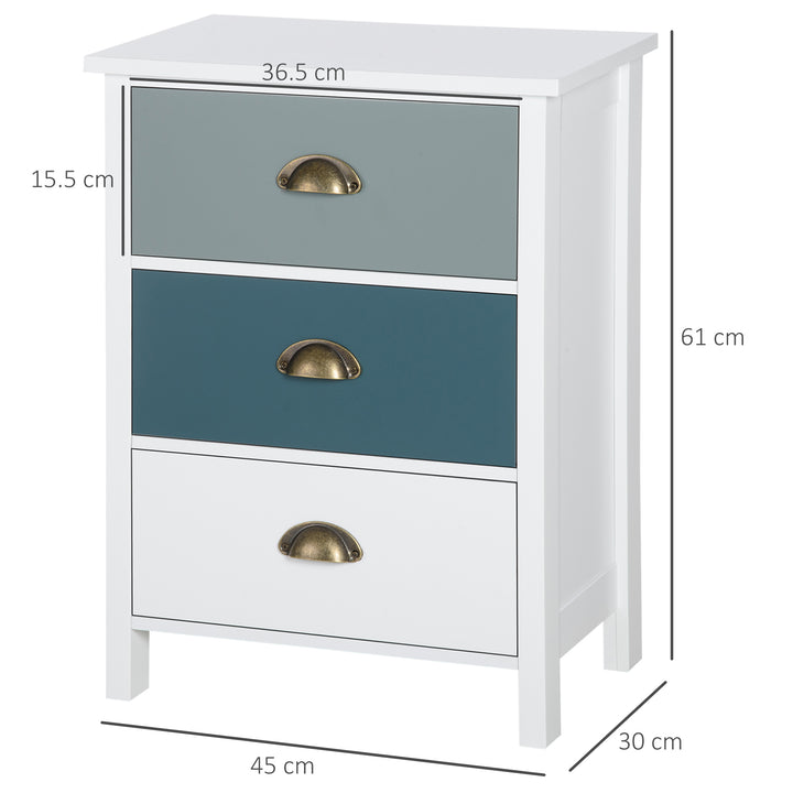 Bedside Table Set of 2 Chest of 3 Drawers Shabby Chic Nightstands with Metal Handle Sofa Side Table for Living Room, Bedroom,Grey and blue