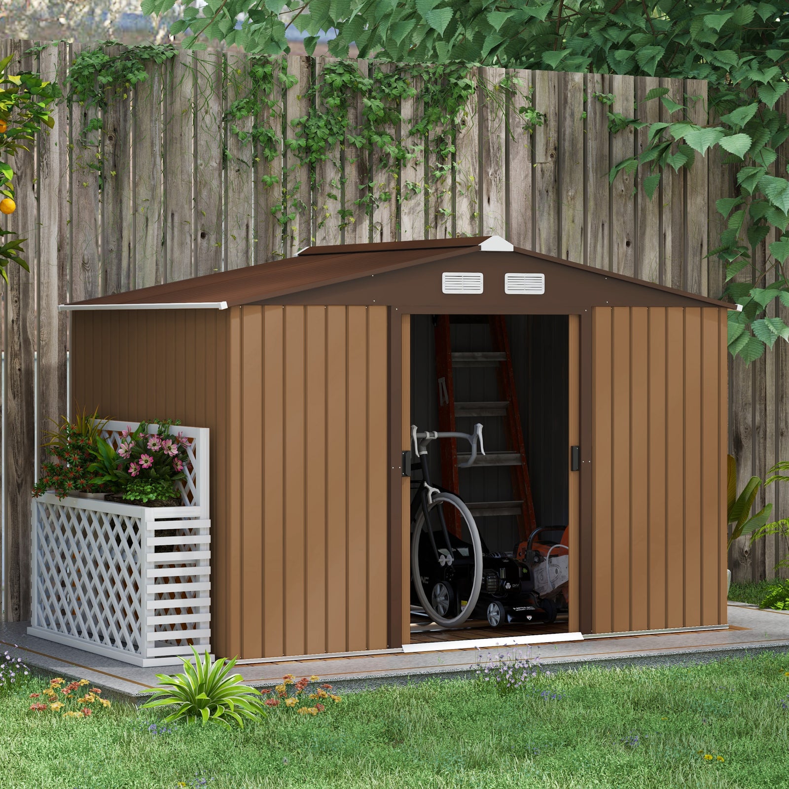 9 x 6ft Metal Garden Shed, Outdoor Storage Tool House with Ventilation Slots, Foundation Kit and Lockable Double Doors, Light Brown