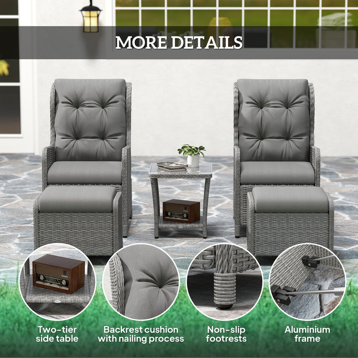 5 Pieces Rattan Bistro Set with Adjustable Back, Reclining Wicker Balcony Furniture with Cushions, Glass Top Coffee Table and Footstools, Outdoor Table and Chairs, Light Grey