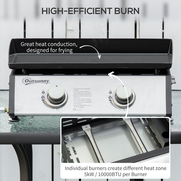 Portable Tabletop Gas Plancha Grill w/ 2 Stainless Steel Burner, 10kW, Non-Stick Griddle for BBQ Camping Picnic Party