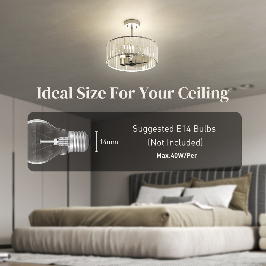 Crystal Ceiling Light Fixture, Semi Flush Mount Modern Crystal Chandelier Ceiling Light for Living Room, Bedroom, Hallway, Dining Room, E14 Base 3-Lights, Silver Tone