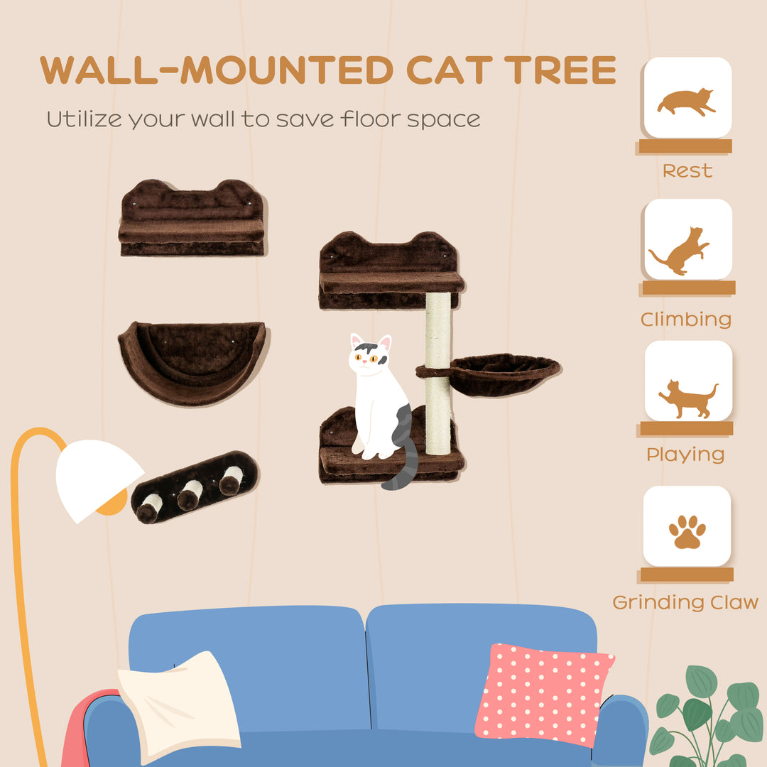 PawHut 4PCs Wall-Mounted Cat Shelves w/ Scratching Post, Hammock, Nest - Brown