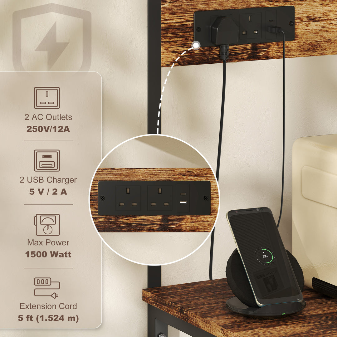 HOMCOM Bakers Rack with Power Outlet, USB Charger, Microwave Stand with Adjustable Shelves, 5 Hooks for Small Spaces, Kitchen Storage Unit for Spices, Pots and Pans, Rustic Brown