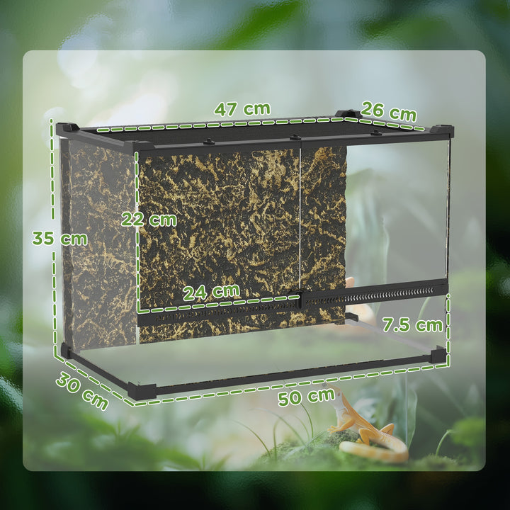 Reptile Glass Terrarium with Stone Background, Front Ventilation, Escape-Proof Knob Lock, 50 x 30 x 35 cm, Black