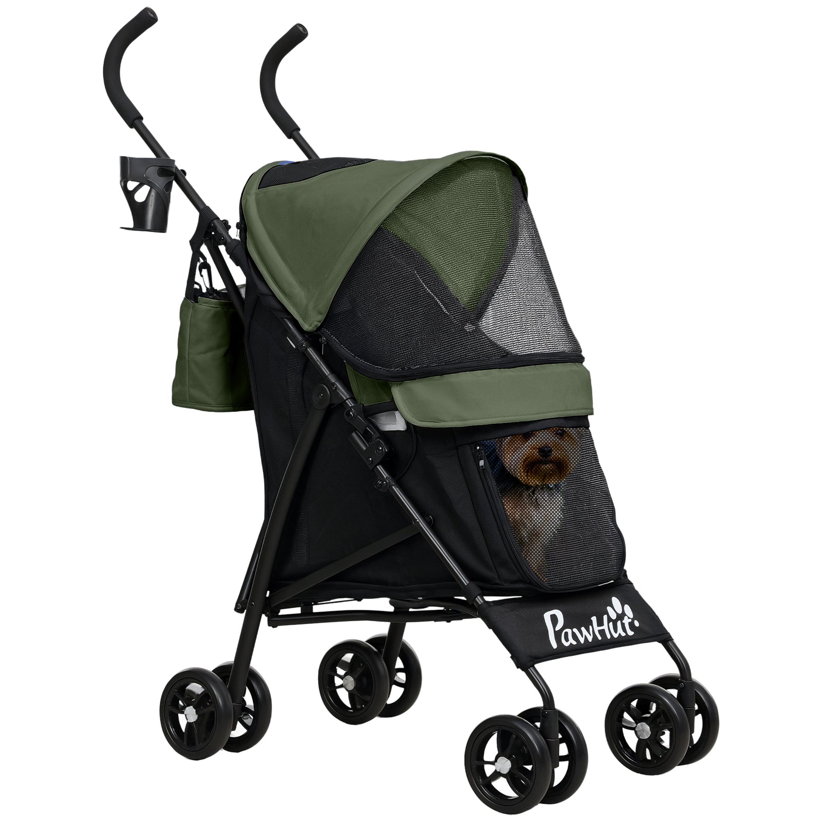 Foldable Dog Stroller, Lightweight Dog Pram w/ Shoulder Strap, Storage Bag, Cup Holder, Dark Green