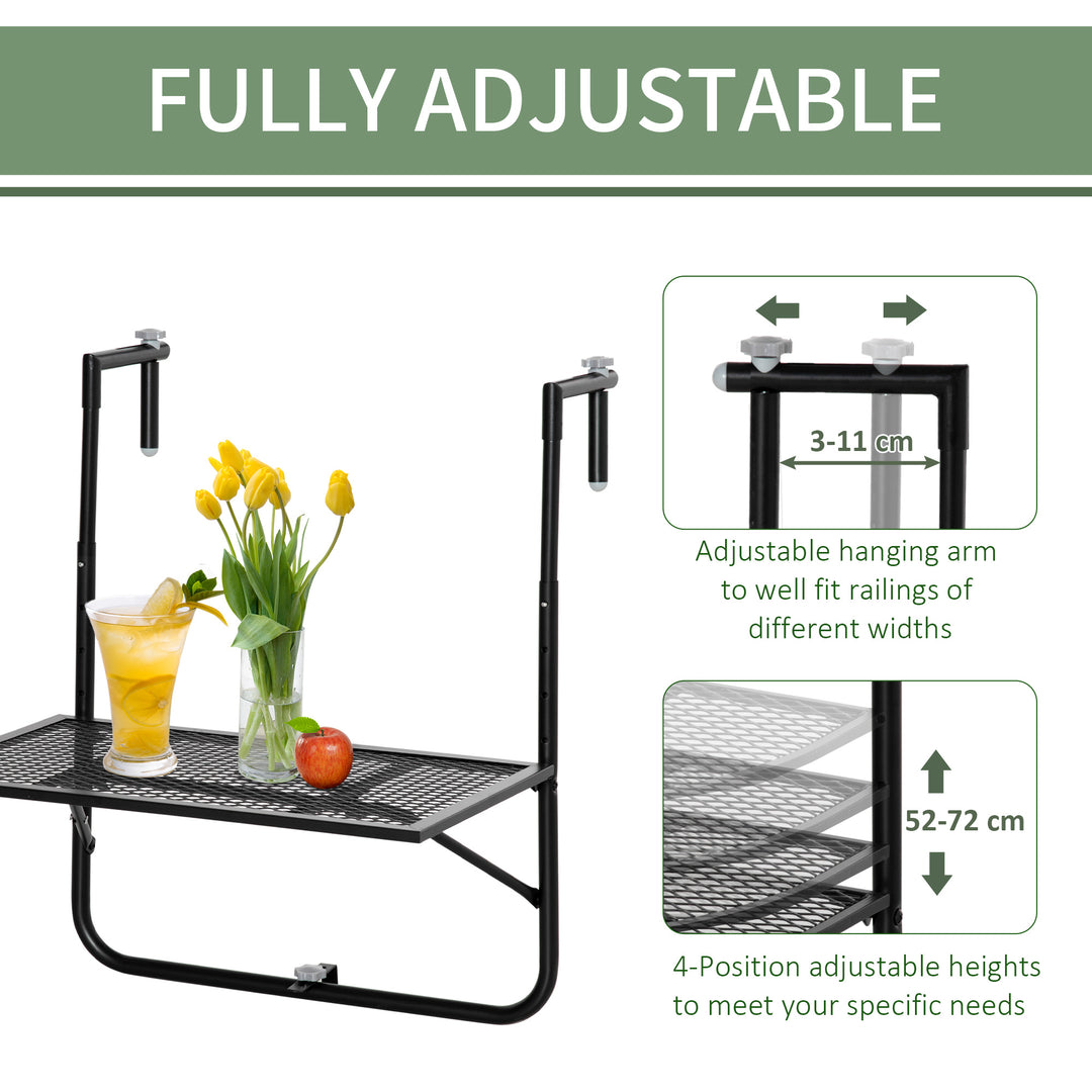 Outsunny Adjustable Folding Balcony Table, Metal Wall Mounted Desk for Patio, Garden, Deck, Black