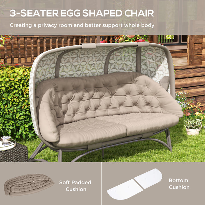 Outsunny Folding Outdoor Egg Chair, Hollow Design 3 Seater Garden Furniture Chair w/ Flower Pattern Bottle Holder Bags for Indoor Outdoor, Sand Brown