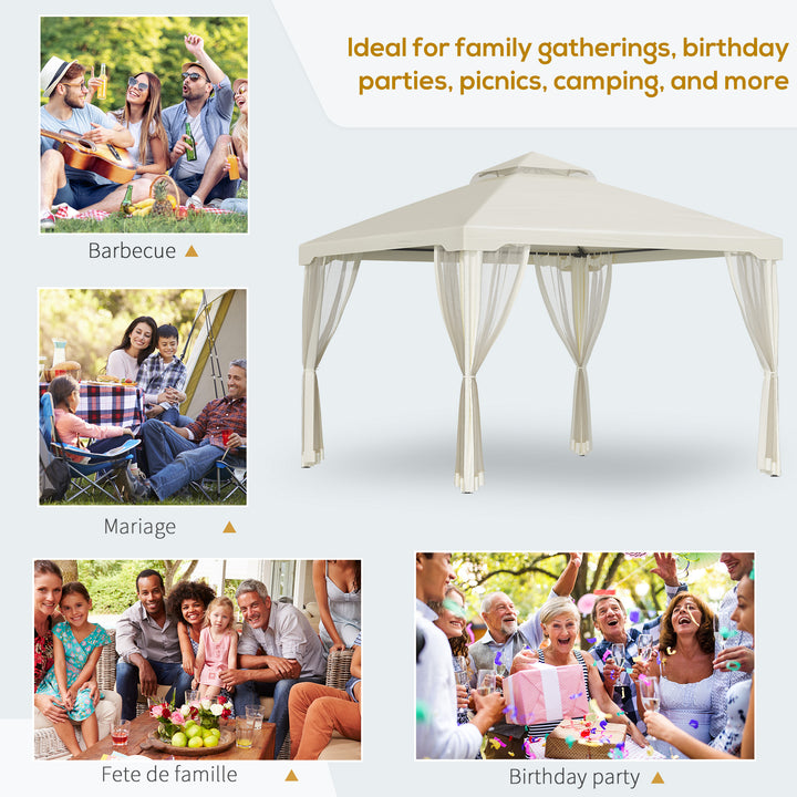 3 x 3 m Metal Gazebo, Garden Pavillion, Double Roof Outdoor Canopy Shelter with Mesh Sidewalls, Cream White
