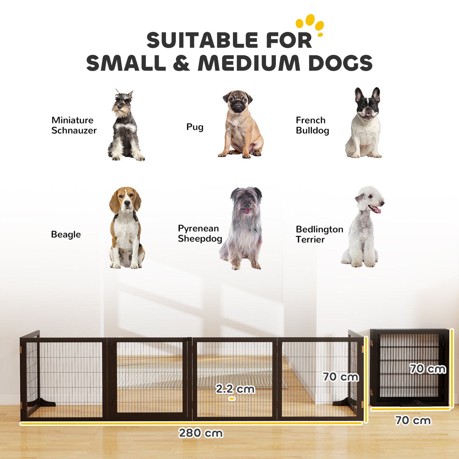 Wooden Pet Gate, Freestanding Dog Security Barrier with Two Support Fe