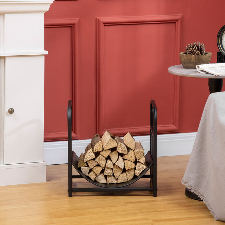 Metal Firewood Log Holder Indoor Outdoor Firewood Rack Inner Arced Fireplace Wood Storage Shelf w/ Bear Shape Design, Rust-Resistant, Black, 42W x 33.5D x 43H cm